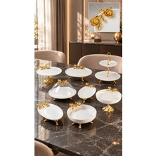 May Home 8 Parça Porselen Tabak Kase Fanus Sunum Seti & Metal Ayaklı Servislik