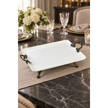 May Home Kulplu Ayaklı Porselen Dikdörtgen Tabak & Sunumluk Servislik (30 x 23 Cm)