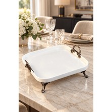 May Home Antik Kare Porselen Sunum Tabağı & Ayaklı Kulplu Kurabiye Yemek Servis Tabağı