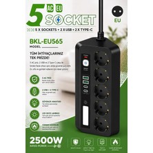 Magicool Ifk 5’li Akım Korumalı Priz 2500W | 2 USB + 2 Type-C Hızlı Şarj | LED Gece Lambalı | Dokunmatik Siyah