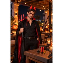 Dodomar Halloween Cadılar Bayramı Şeytan Kostüm Aksesuar Seti 110 cm Kırmızı Mızrak Boynuz ve Yüz Boyası