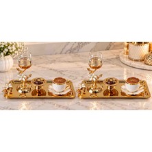 Sunvera Çelik 2 Kişilik 6 Parça Gold Çiçek Desenli Söz Nişan Kahve Yanı Sunum Seti, 2 Tepsi 2 Ayaklı Cam Bardak 2 Lokumluk, Çeyizlik Damat Kahvesi Hediyelik Sunum Takımı