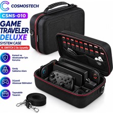 Cosmostech CSNS-010 N. Switch 2 ve Switch OLED ile Uyumlu Büyük Boy Konsol Taşıma Çantası – Deluxe System Case, Sert Korumalı, Aksesuar Bölmeli, Fermuarlı, Omuz Askılı Siyah