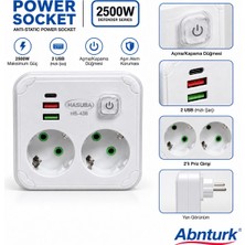 Abnturk 2500W Akım Korumalı Priz-2 Priz Girişi 2 USB ve Type-C Portlu Açma Kapama Düğmeli Çoklu Priz