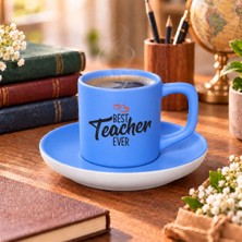 Bk Gift Öğretmenlerin Kralı Tasarımlı Mat Mavi Türk Kahvesi Fincanı ve Tabağı-1