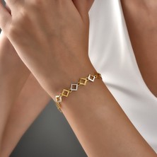Nox Jewelry 14 Ayar Altın Kaplama 925 Ayar Gümüş Çift Renkli Kare Bağlantılı Geometrik Zincir Bileklik - BP00112