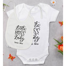 BK Gift Bk Kids Kişiye Özel Little Boss Lady Tasarımlı Bebek Body Zıbın ve Mama Önlüğü Hediye Seti - Model 1 12-18 Ay