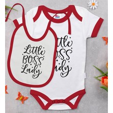 BK Gift Bk Kids Little Boss Lady Tasarımlı Kırmızı Bebek Body Zıbın ve Mama Önlüğü Hediye Seti-1 12-18 Ay