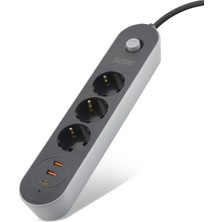 Ersert Ers- Termal Akım Korumalı Uzatma Kablosu 3 Priz + 2x USB + Type-C Anahtarlı 2 M - Siyah SH4628