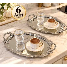 Sunvera Çelik 6 Adet Mini Oval Gümüş Aynalı Kahve Sunum Tepsisi, Desenli Kulplu Paslanmaz Çelik Çay Tepsisi, Çeyizlik ve Misafir Sunum Seti