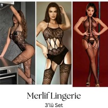Merlif Lingerie Kadın Siyah 3'lü Vücut Çorabı, Fantazii, Seksii, Fantazzi, içgiyim Sevgililer Günü, Yılbaşı, Yeniyıl