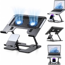 Relatos Karbon Çelik 3 In 1 Notebook, Tablet ve Telefon Standı, 12.9-17 Inç Laptop ve Tablet Için 2 Fanlı Soğutuculu Ergonomik Yükseltici, 4.7-12.9 Inç Telefon Tutucu, L07