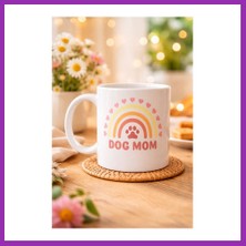 Salmore Dog Mom Baskılı Porselen Kupa Model 186 – Köpek Annesi Temalı Sevimli Kahve Kupası – Köpek Severlere Hediye – Sevimli Pati ve Gökkuşağı Tasarımlı Kupa Bty