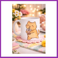 Salmore Sevimli Kedi Bubble Tea Tasarımlı Porselen Kupa Model 192 – Boba Çayı Içen Kedi Kahve Kupası – Kedi Severlere Hediyelik Kupa Bardak Bty