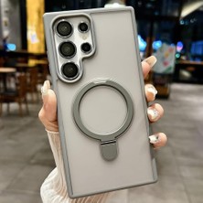 Relatos Samsung Galaxy S25 Plus ile Uyumlu Mat Transparan Phaqntomring Magsafe Destekli Standlı Kılıf, Kamera Lens Hediyeli Darbe Emici Şık Tasarım Titanyum