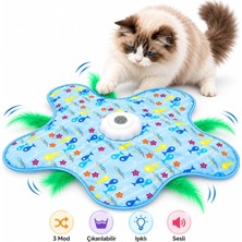 Universal Interaktif Kedi Oyuncağı, Otomatik Dönen Tüylü Saklambaç Oyun Matı, 3 Modlu, USB Şarjlı, Dokunmatik Aktivasyonlu, Işıklı ve Kuş Sesli, Çıkarılabilir Kılıflı, Mavi