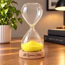 Keyfim Shop Ahşap Kaideli Cam Kum Saati 30 Dakika 20 x 10 cm Dekoratif Masaüstü Zaman Ölçer - Sarı