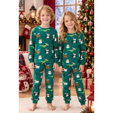 Bunny Hopp %100 Pamuk Interlok Kumaş Unisex Kız ve Erkek Çocuk Yılbaşı Pijama Takımı Yeşil Noel Temalı