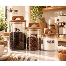 Durina Living 3’lü Cam Erzak Kavanozu Seti Akasya Kapaklı Çay Kahve Şeker Saklama Kavanozları