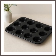 Ecotrend 12 Gözlü Metal Muffin Kek Kalıbı - Siyah (Düz) ECO123