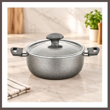 Ecotrend Granit Derin Tencere 24 cm Cam Kapak Gri Kırçıllı ECO123