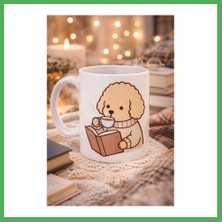 Astraltech Kitap Okuyan Sevimli Köpek Tasarımlı Porselen Kupa Model 190 – Kahve Temalı Tatlı Köpek Kahve Kupası – Köpek Severlere Hediye Kupa Bezoss