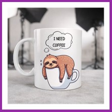 Bezos I Need Coffee Yazılı Tembel Hayvan Tasarımlı Kupa Model 236 Komik Seramik Kahve Kupası BEZ10