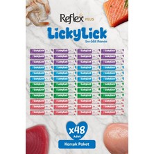 Reflex Plus Lickylick Sıvı Kedi Ödül Maması – Karışık Paket 48 x 15 G (Somonlu, Tavuklu, Ton Balıklı, Karidesli)
