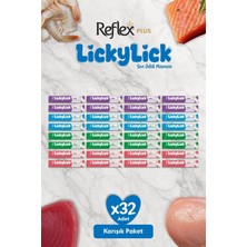 Reflex Plus Lickylick Sıvı Kedi Ödül Maması – Karışık Paket 32 x 15 G (Somonlu, Tavuklu, Ton Balıklı, Karidesli)