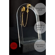 Sevgili Takı Lotus Detaylı Tragus / Kıkırdak Bağlantılı Gold Çelik Küpe | Şans Serisi (Bir Adet)