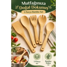 Mucit Home Bambu 5 Parça Yemek Pişirme Servis Spatula Seti Ahşap Spatula Seti Asılabilir