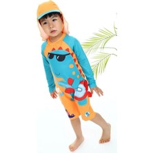 Neat Kids Erkek Çocuk Dinazor Desenli Uzun Kollu Fermuarlı Şapkalı Güneş Korumalı Mayo Takımı