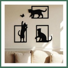 En-Cag 3D Baskı Kedi ve Kelebek Duvar Dekoru 3'lü Set Siyah Kedi Silüeti Duvar Süsü Bss