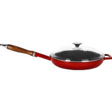Die Grup Tr Cookware Dökme Demir Emaye Kızartma Tavası Cam Kapaklı ve Ahşap Sap, Yuvarlak, 28 Cm, Kırmızı