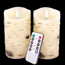 Die Grup Tr Alevsiz Mumlar LED Mumlar Huş Ağacı Kabuğu Etkisi 2'li Set (D:3.25 x H:6) Fildişi Gerçek Balmumu Ayağı Pille Çalışan Mumlar Dans LED Alevli 10 Tuşlu Uzaktan Kumanda ve Bisiklete Binme 24 Saat