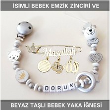 Die Grup Tr Isimli Bebek Emzik Zinciri ve Beyaz Taşlı Bebek Yaka Iğnesi, Gümüş, Unisex