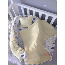 Die Grup Tr Sarı Wafle Pike Kumaş ve Müslin Tasarım Ponponlu 3'lü Babynest Set