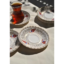 Die Grup Tr 6'li Porselen Çay Tabağı Altın Işlemeli Kırmızı Lale Gold 12 cm Çay Tabak Seti -Redlal