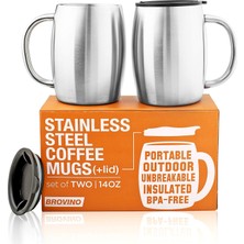 Die Grup Tr Paslanmaz Çelik Kapaklı Kahve Kupaları (2'li Set) - 396 ml Kapaklı ve Kulplu Çift Duvarlı Çelik Kahve Bardakları - Coffee To Goo, Seyahat, Dış Mekan, Kamp - Vakum, Kırılmaz, Dayanıklı Kahve Kupası