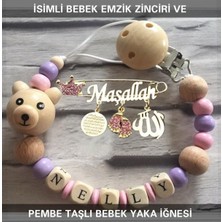 Die Grup Tr Isimli Bebek Emzik Zinciri ve Pembe Taşlı Bebek Yaka Iğnesi, Unisex