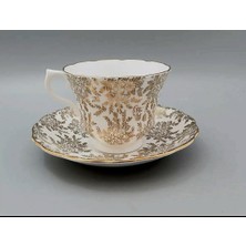 Die Grup Tr Vintage Porselen Çay Fincanı ve Tabağı Seti, Altın Yaprak Desenli, Beyaz ve Gri