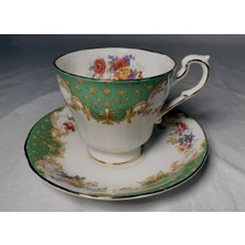 Die Grup Tr Vintage Çay Fincanı ve Tabağı Seti, Yeşil-Beyaz Desenli, Çiçek Motifli, Altın Yaldızlı Porselen