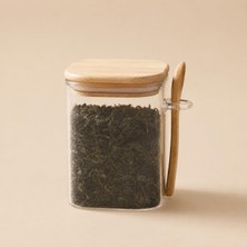 Die Grup Tr 450 ml Bambu Kapaklı Vakumlu Kaşıklı Borosilikat Cam Saklama Kabı, Kare Cam Kavanoz, Çay Kahve Baharat Şeker ve Kuru Gıda Saklama Kabı