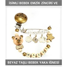 Die Grup Tr Isimli Bebek Emzik Zinciri ve Beyaz Taşlı Bebek Yaka Iğnesi, Dore