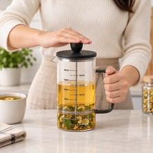 Die Grup Tr Siyah Bambu Kapaklı French Press, 600 ml Ölçülü Borosilikat Cam Kahve ve Bitki Çayı Demliği, Siyah Cam Kulplu