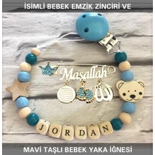 Die Grup Tr Isimli Bebek Emzik Zinciri ve Mavi Taşlı Bebek Yaka Iğnesi Seti