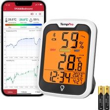 Die Grup Tr Thermopro TP358 Dahili Saatli Termometre Higrometre, Bluetooth Dijital Ev Termometresi, Veri Depolama ve Oda Için Uyarı Fonksiyonlu Arkadan Aydınlatmalı Nem Ölçer