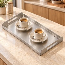 Die Grup Tr Paslanmaz Çelik Servis Tepsisi 35X20 cm Kulplu Kahve Çay Sunum Tepsisi Satine - INT-008