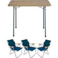 Die Grup Tr 60X80 Çam Katlanır Masa + 3 Adet Katlanır Sandalye Kamp Seti Bahçe Balkon Takımı Mavi