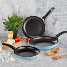 Die Grup Tr Tava 3 Lü Tava Seti 18+22+26CM Turkuaz Renk Yanmaz Yapişmaz Teflon Tava
